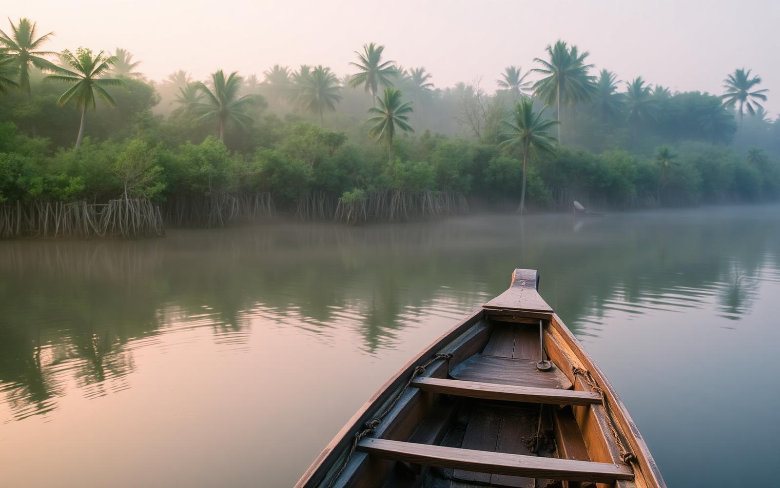 Wooden boat drifting on the calm river at dawn
